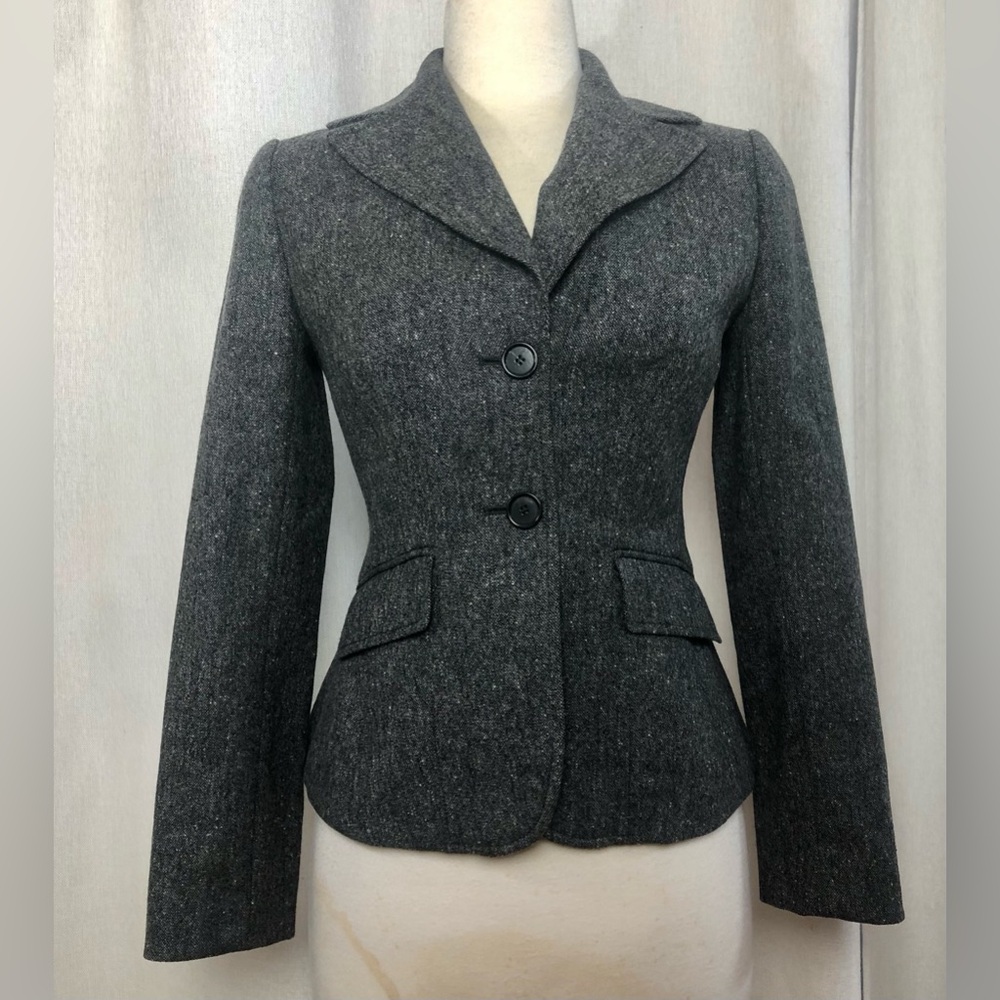 Ann Taylor Petites Blazer 0P Gray Wool Tailored Cropped Career Jacket Lined Offi